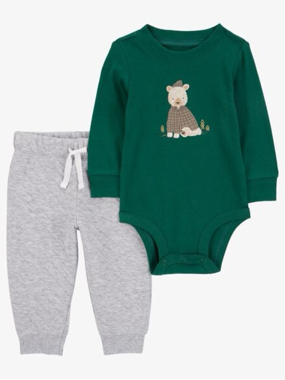 Baby Green Bear Long-Sleeve Bodysuit with Gray Quilted Pants